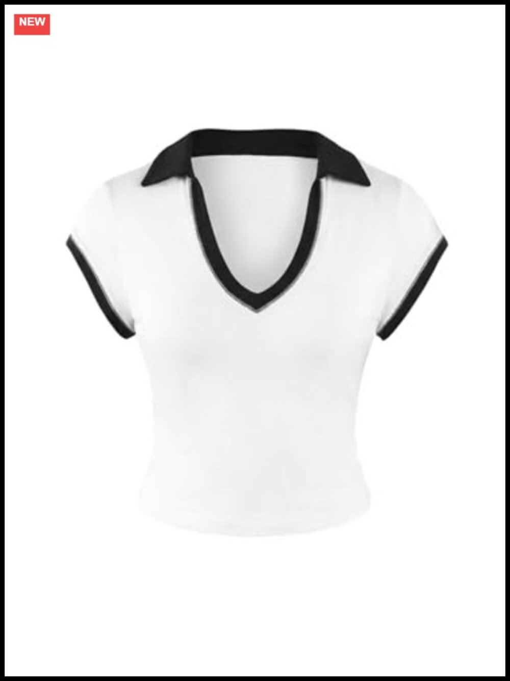 Collared V Neck Crop Top Cap Sleeve Fitted Tee Casual